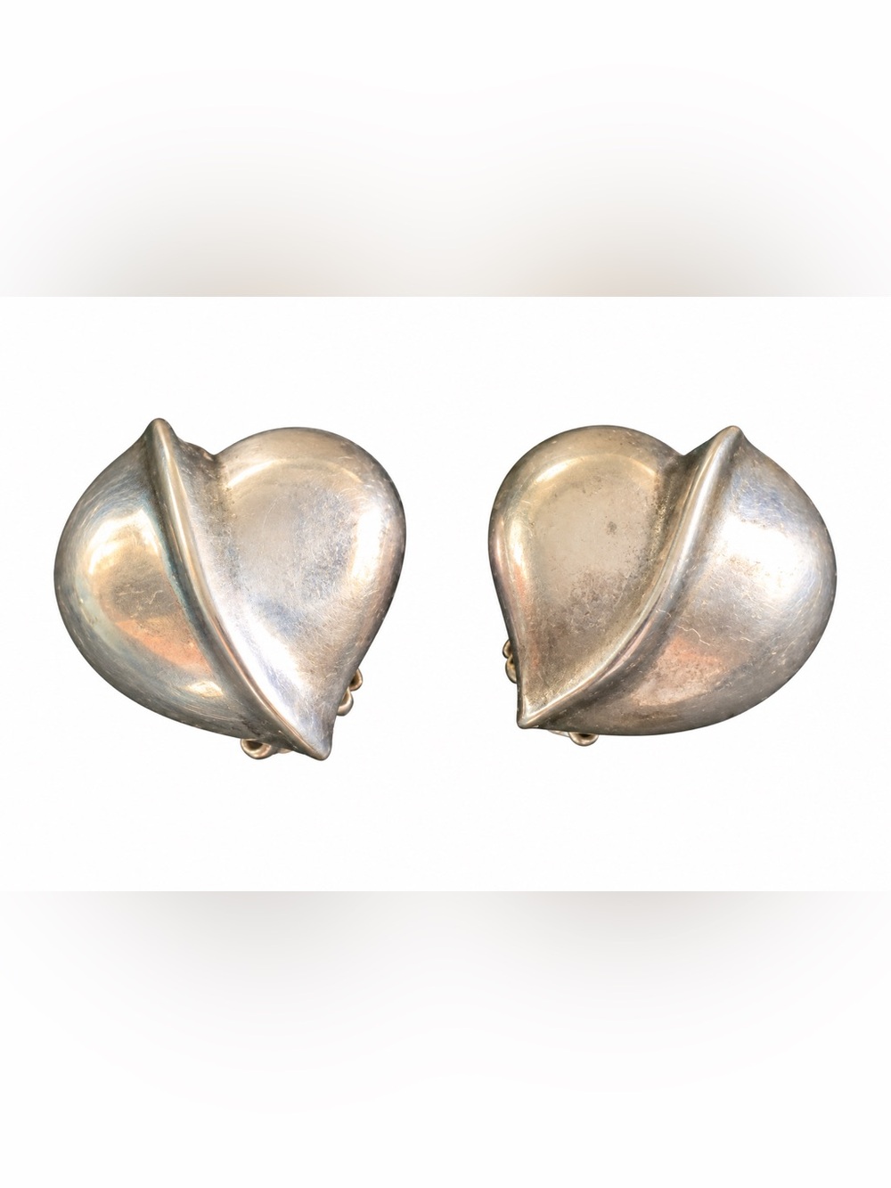 Vintage Silver Tone Sculptural Heart Clip-On Earrings